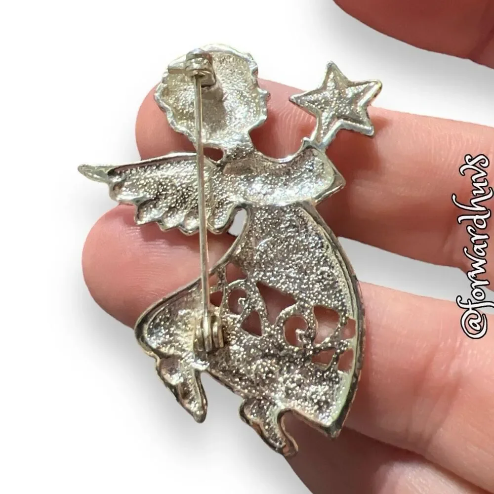 Sparkling Silvertone Angel Brooch with Enamel Dress
